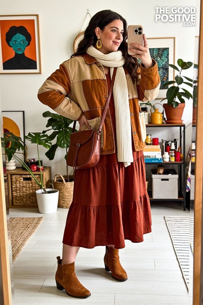 Cinnamon Patchwork Jacket with Rust Maxi Dress and Suede Ankle Boots