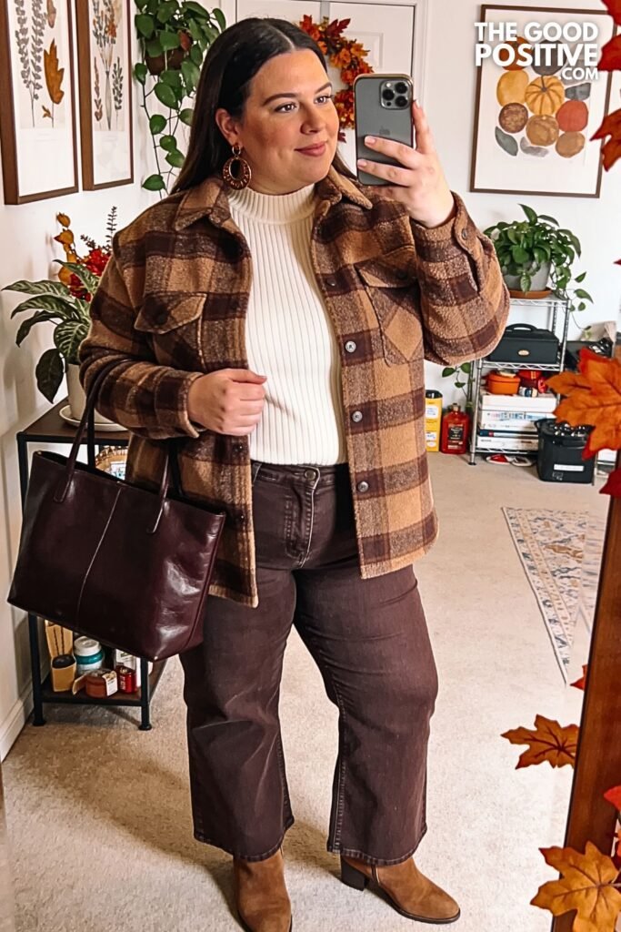 Cinnamon Plaid Shacket with Chocolate Wide-Leg Jeans