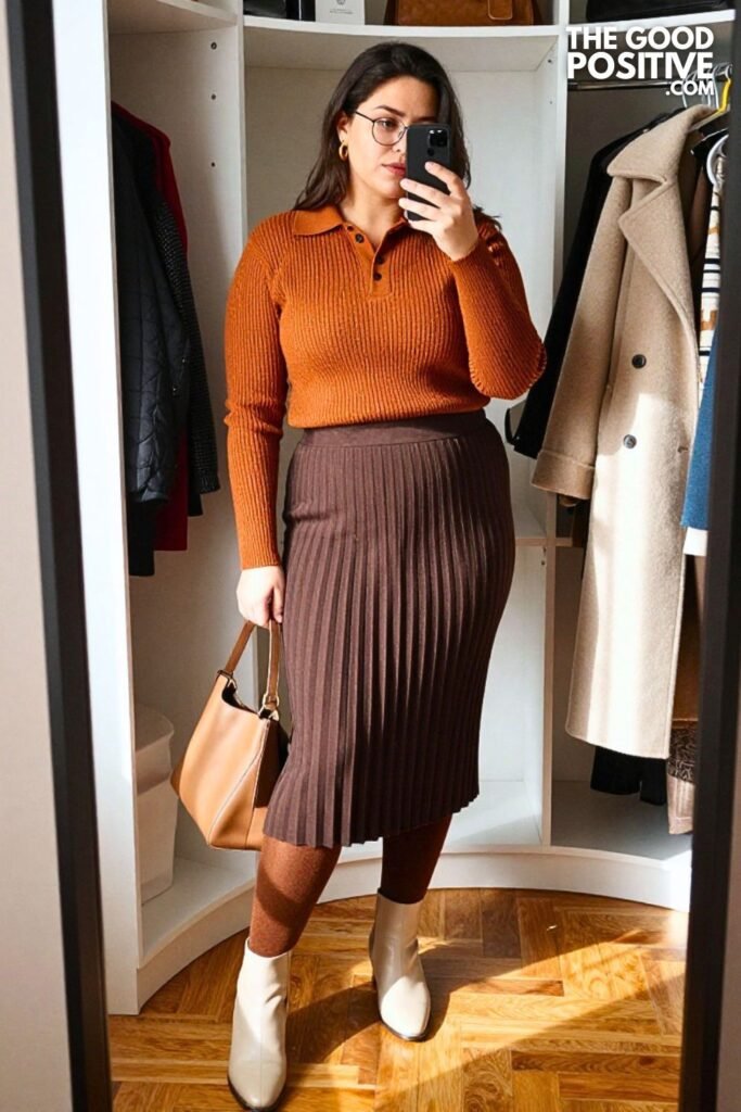Cinnamon Ribbed Knit Polo with Chocolate Pleated Midi Skirt