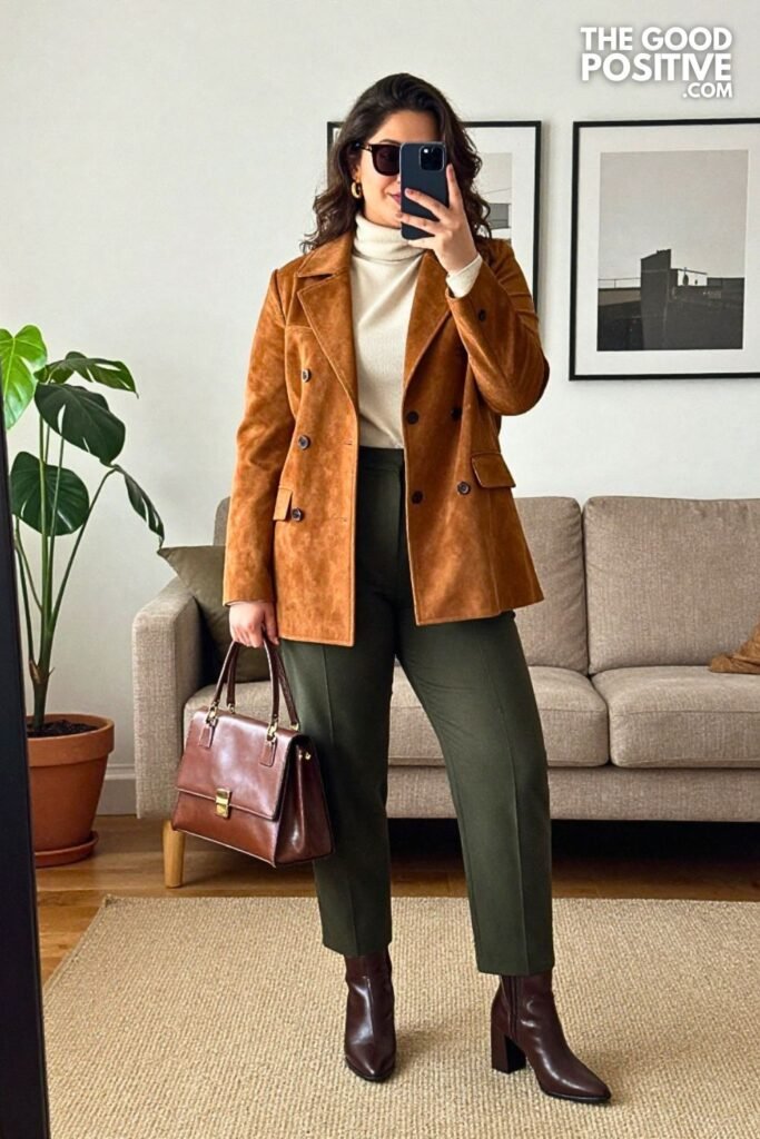 Cinnamon Suede Jacket with Ivory High-Neck Blouse and Dark Olive Wool Trousers