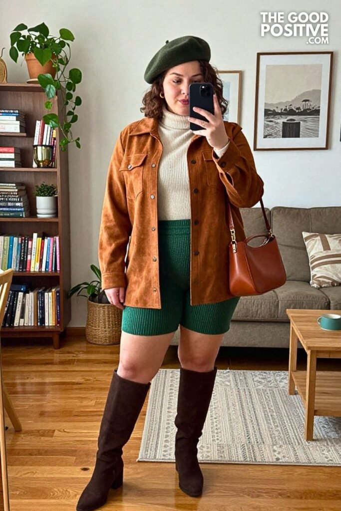 Cinnamon Suede Shirt Jacket with Forest Green Knit Shorts