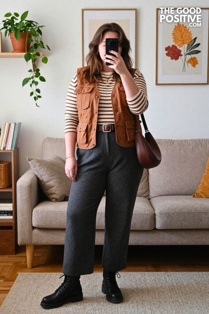 Cinnamon Utility Vest with Wide-Leg Twill Trousers and Combat Boots