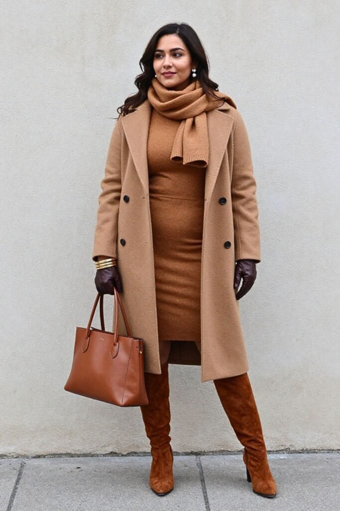 Cinnamon Wool Shirt Dress with Tall Suede Boots