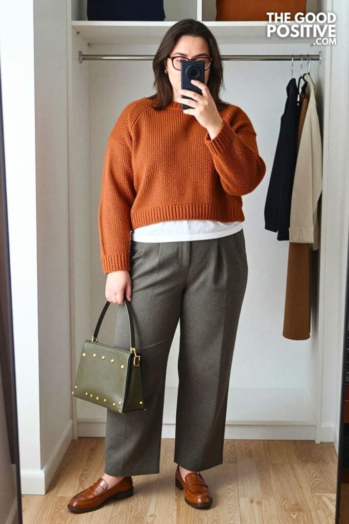 Clay Brown Cropped Knit with Charcoal Pleated Maxi Trousers