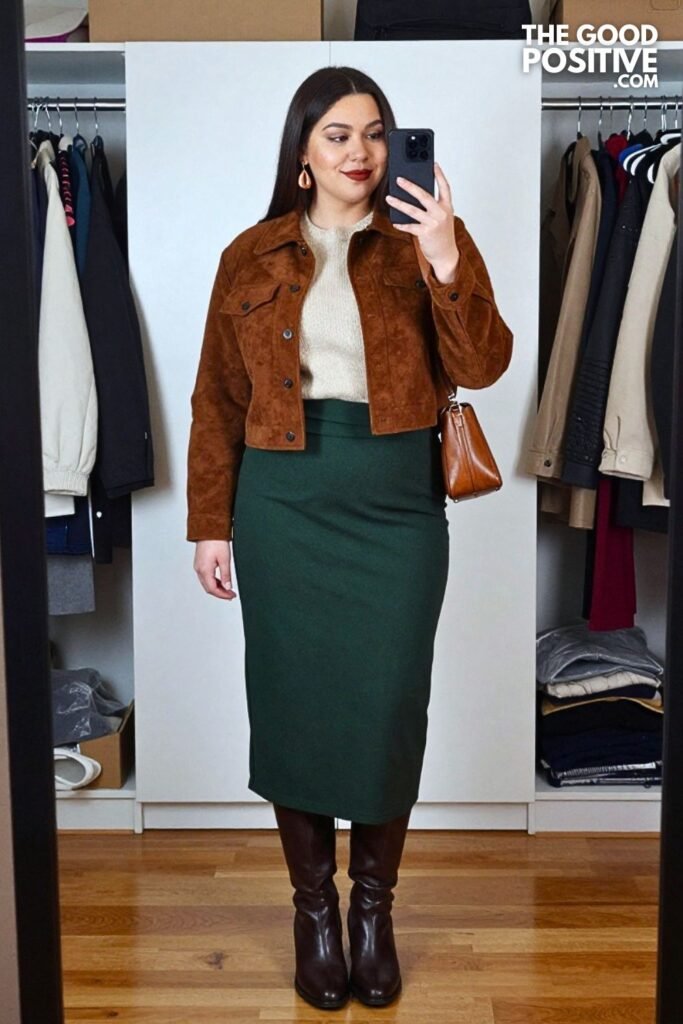 Cocoa Bouclé Jacket With Forest Green Bias Midi Skirt