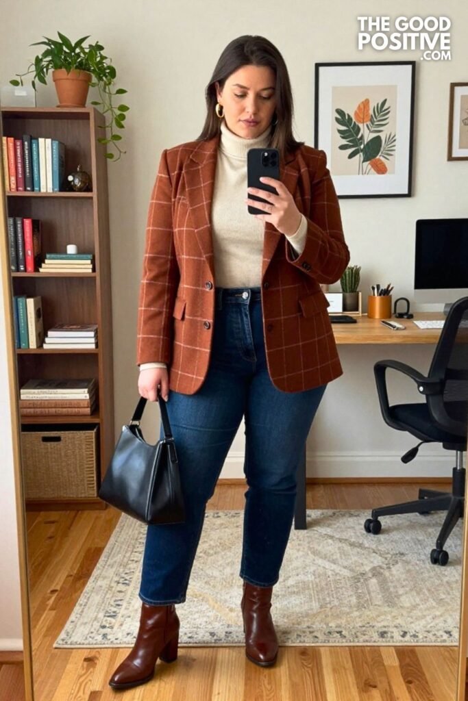 Cocoa Windowpane Blazer with Dark Indigo Bootcut Jeans