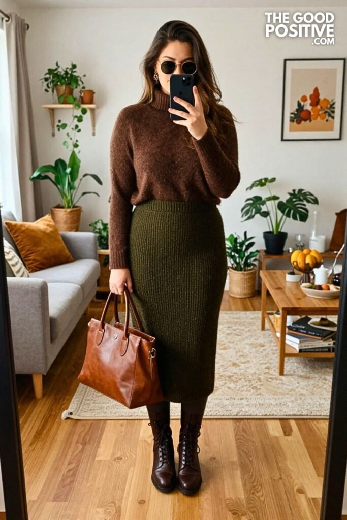 Cocoa Wool Overshirt with Dark Moss Knit Column Skirt