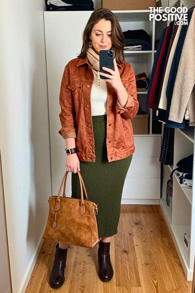 Copper Denim Shacket with Moss Knit Column Skirt