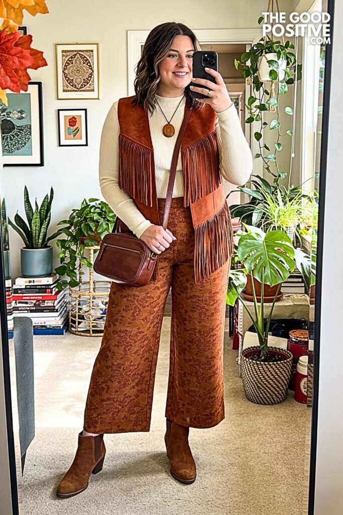 Copper Fringe Suede Vest with Printed Wide-Leg Trousers