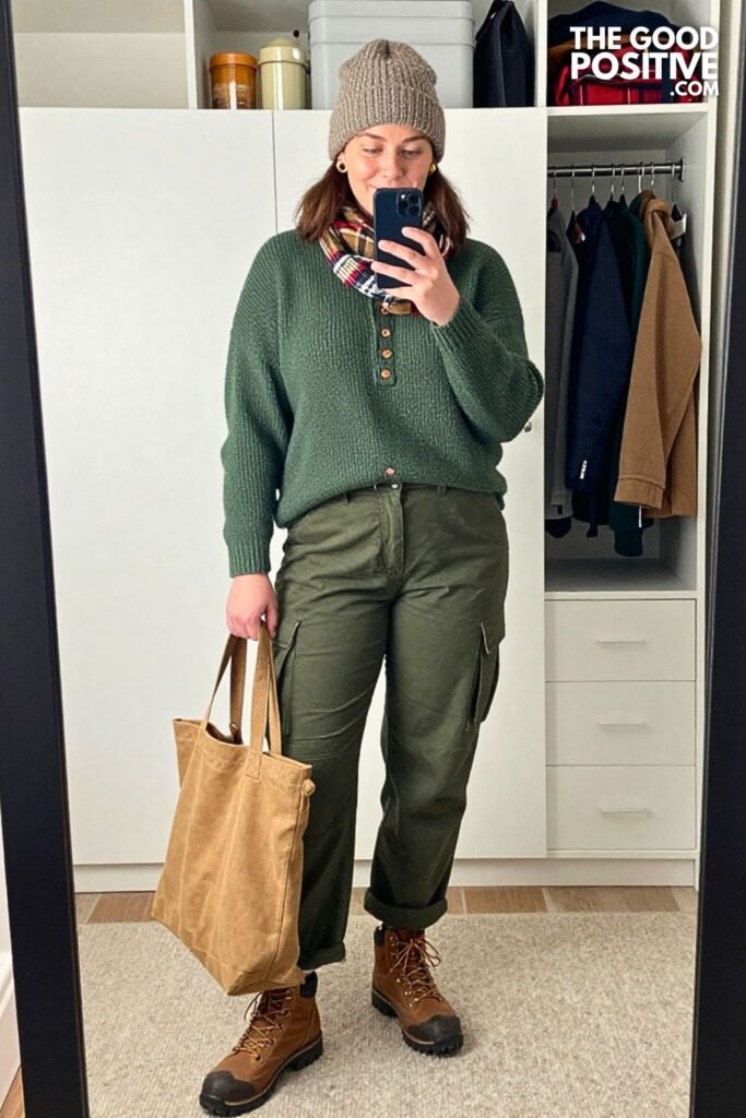 Copper Henley Sweater with Forest Cargo Trousers