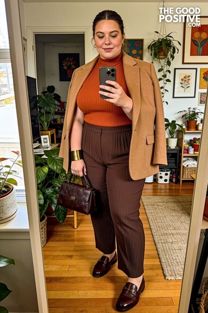 Copper Mock-Neck Top with Coffee Pleated Trousers