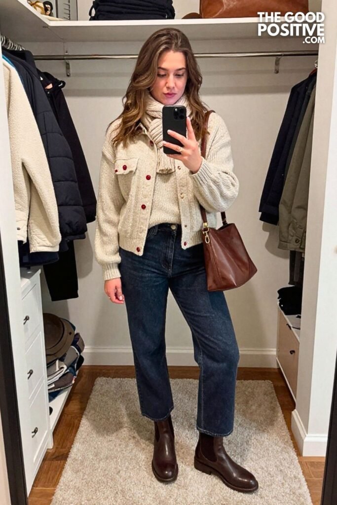 Cranberry Barn Jacket with Ecru Wide-Leg Denim