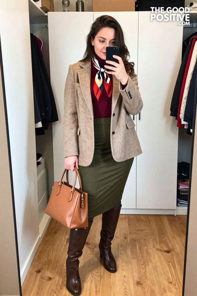 Cranberry Turtleneck with Olive A-Line Midi Skirt