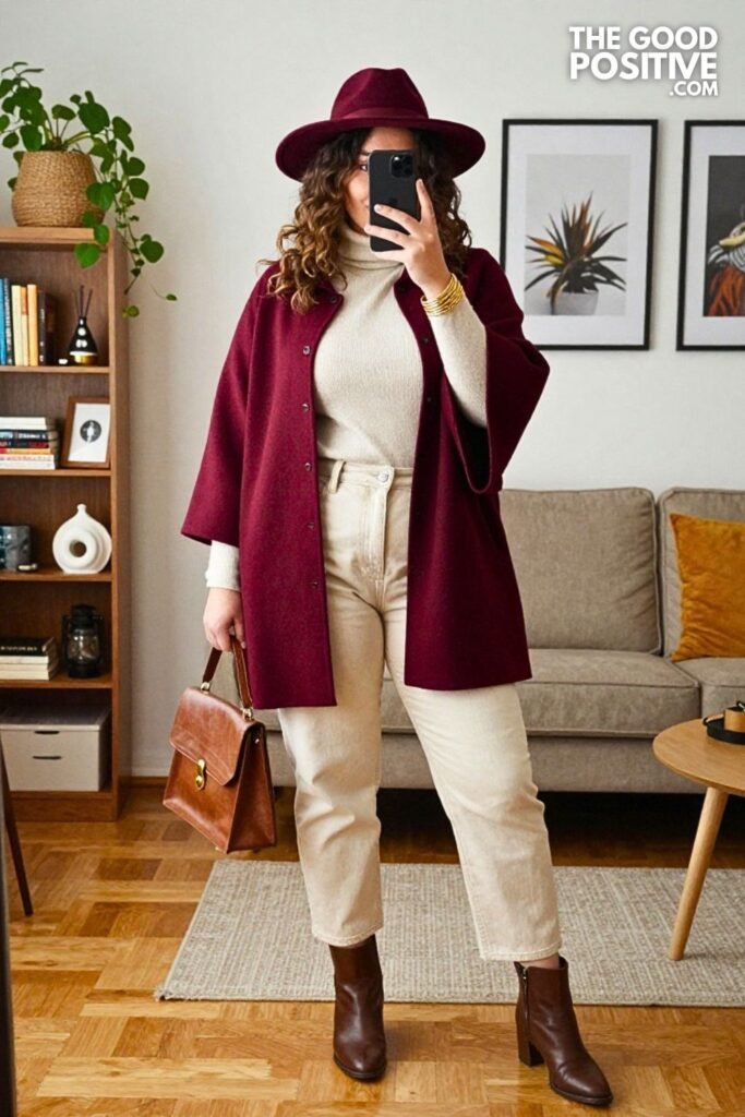 Cranberry Wool Cape with Ivory Barrel Jeans