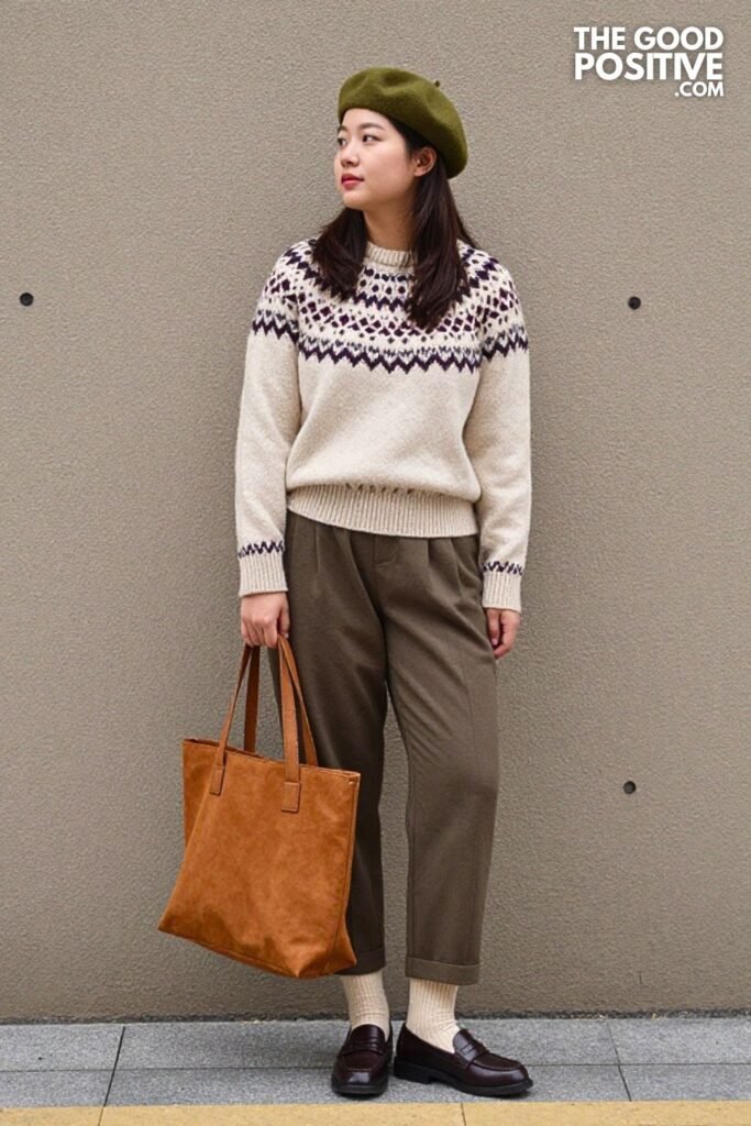 Cream Fair Isle Sweater with Sage Pleated Trousers