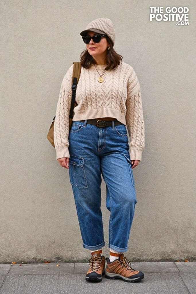Cropped Cable Knit Sweater with Utility Barrel Jeans and Hiking Shoes