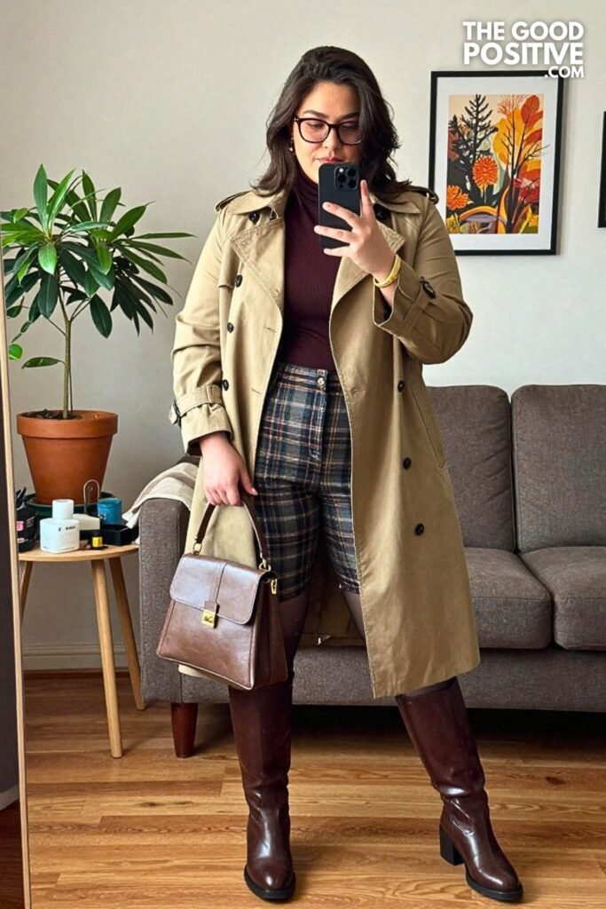 Cropped Trench Jacket With Plaid Bermuda Shorts