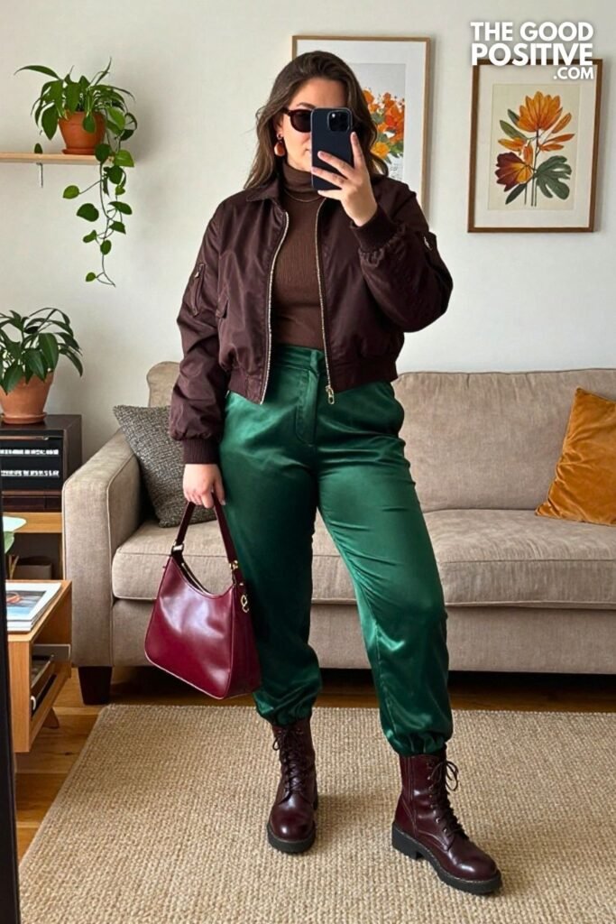 Dark Chestnut Bomber Jacket with Pine Green Satin Trousers