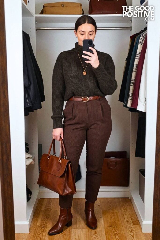 Dark Moss Funnel-Neck Sweater With Chocolate Pleated Trousers
