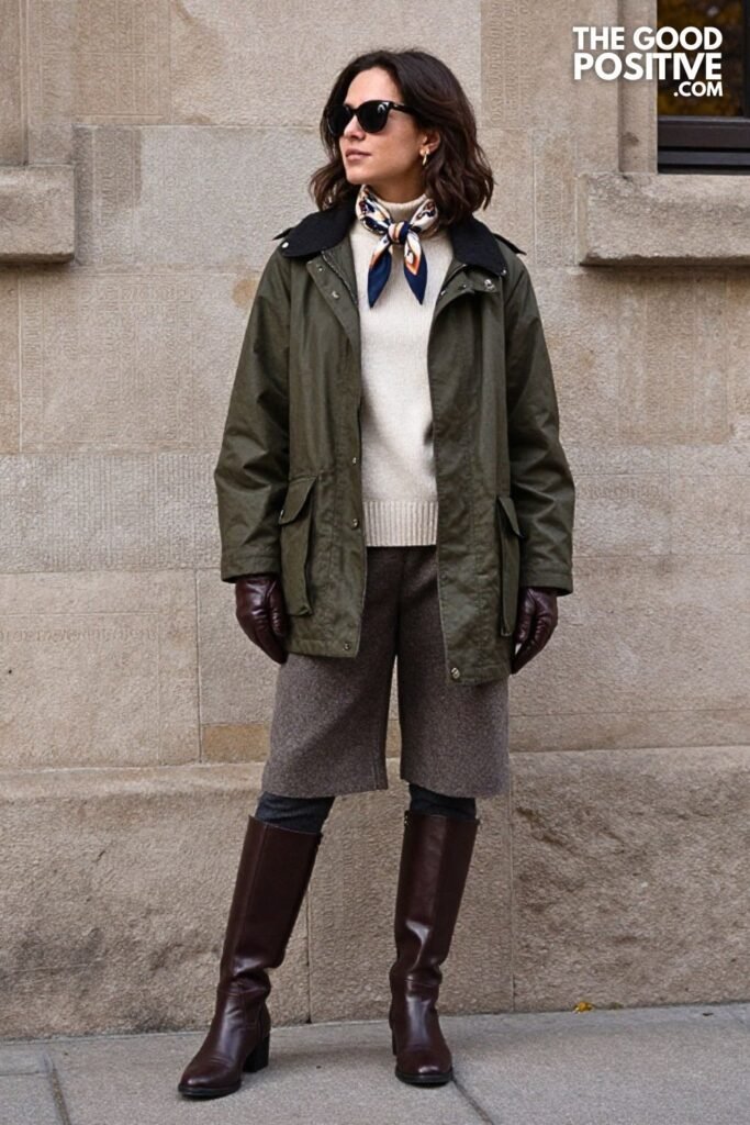 Dark Olive Barn Jacket with Stone Wool Culottes