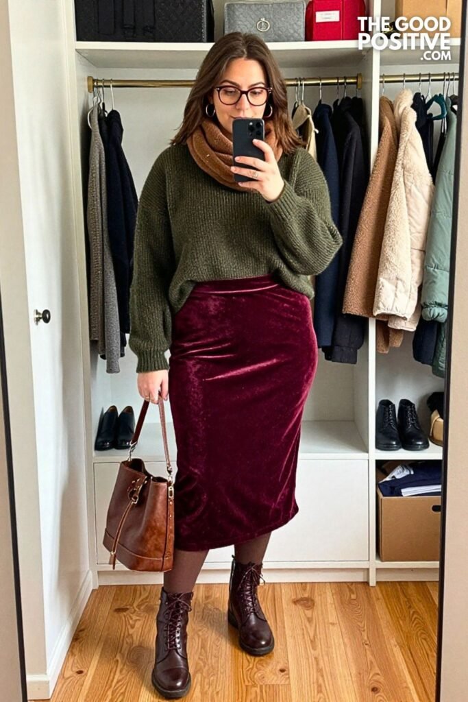 Dark Olive Knit Hoodie with Merlot Velvet Midi Skirt