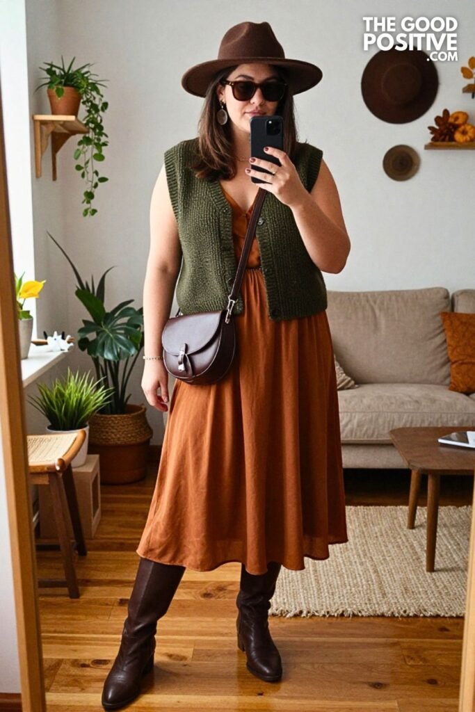 Dark Olive Knit Vest with Copper Poplin Maxi Dress