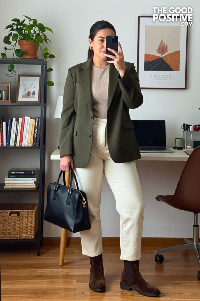 Dark Olive Sweater Blazer with Ivory Denim Trousers