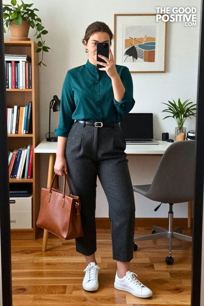 Dark Teal Mandarin Collar Blouse with Cropped Wool Culottes and High-Top Sneakers