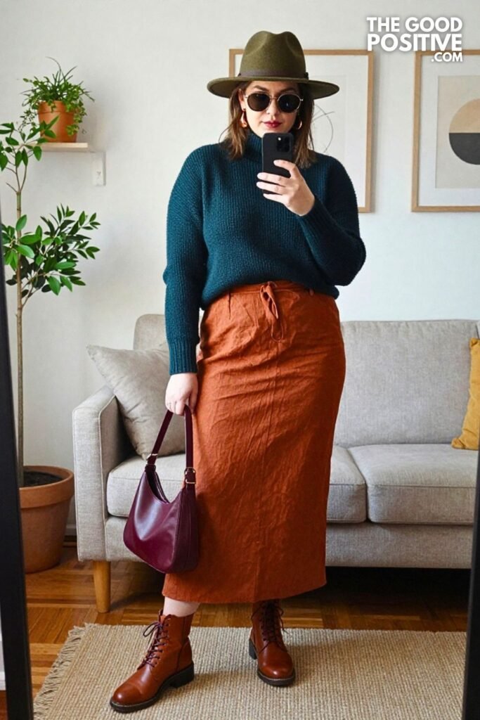Dark Teal Mock Neck with Rust Linen Maxi Skirt