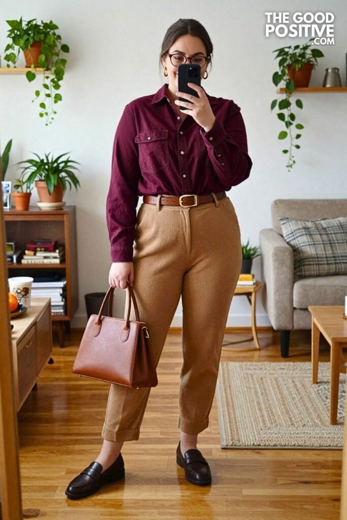 Deep Burgundy Denim Shirt with Camel Knit Trousers