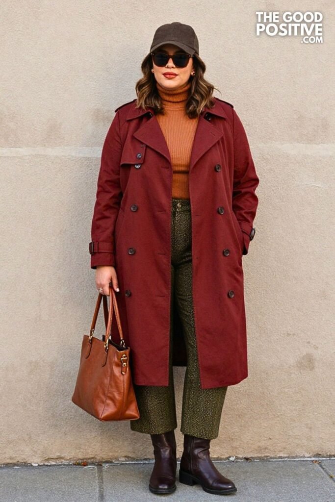 Deep Mahogany Trench Coat With Olive Herringbone Culottes