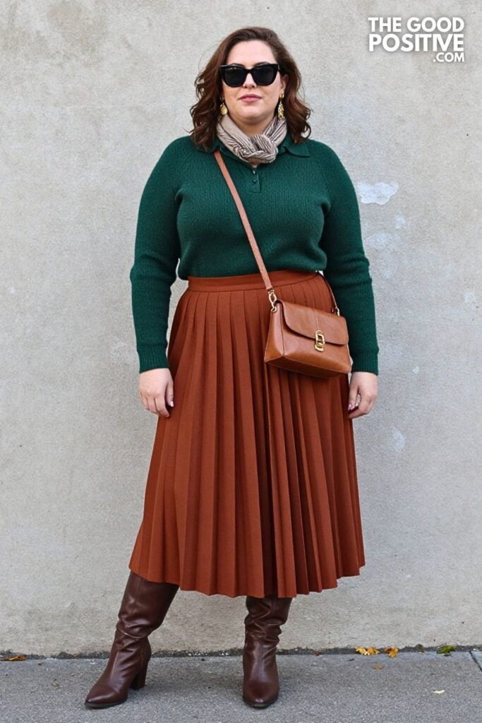Deep Moss Knit Polo with Rust Pleated Midi Skirt