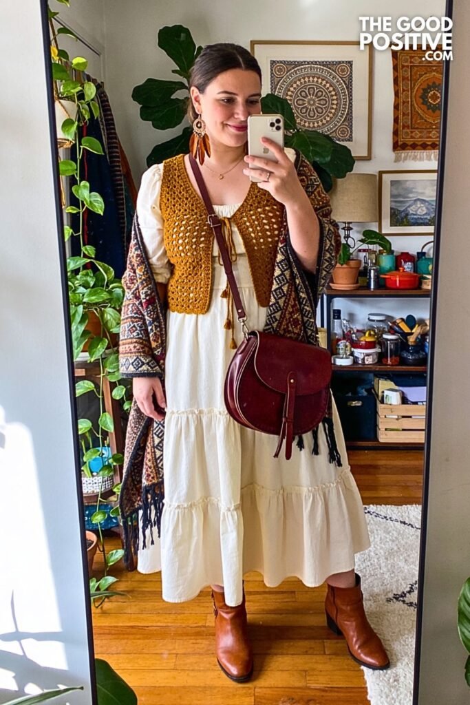 Deep Mustard Crochet Vest with Cream Ruffled Midi Dress