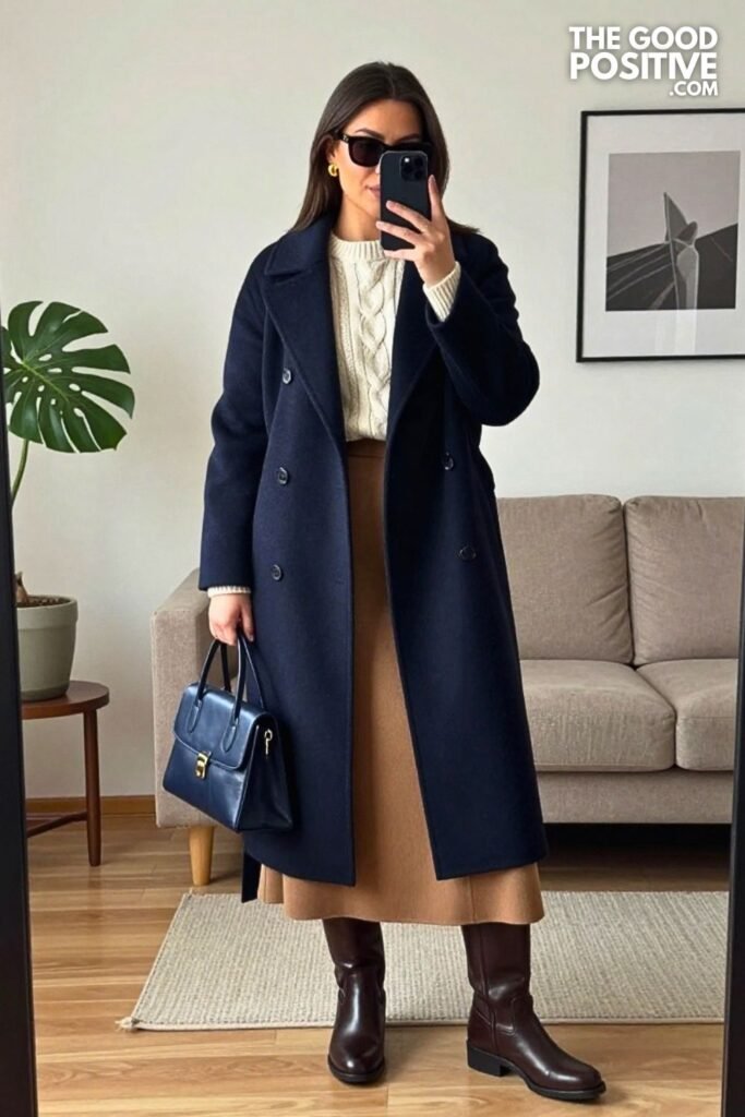 Deep Navy Belted Coat with Cream Cable-Knit Sweater and Camel Wool Maxi Skirt