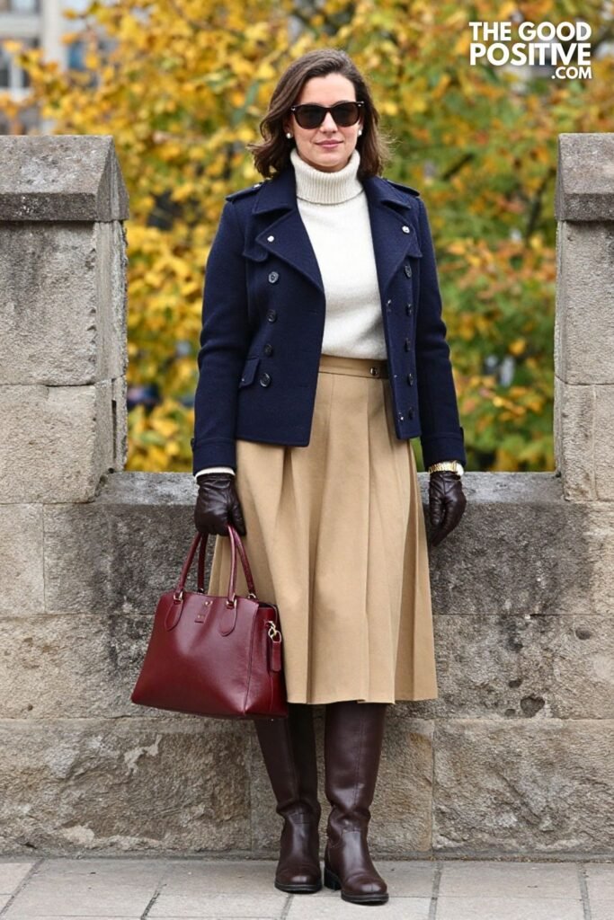 Deep Navy Wool Military Jacket with Camel Knife-Pleated Skirt