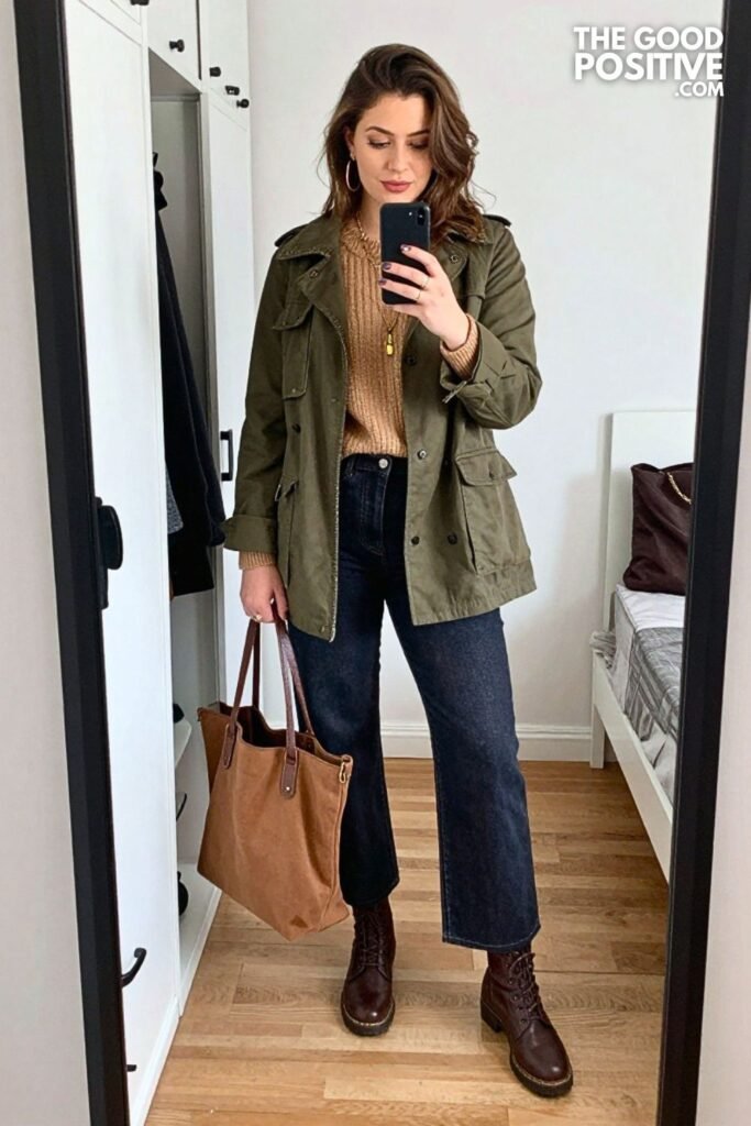 Deep Olive Barn Jacket With Tobacco Wide-Leg Denim