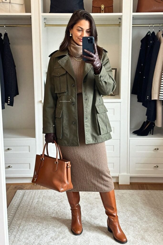 Deep Olive Utility Blazer with Mocha Knit Dress