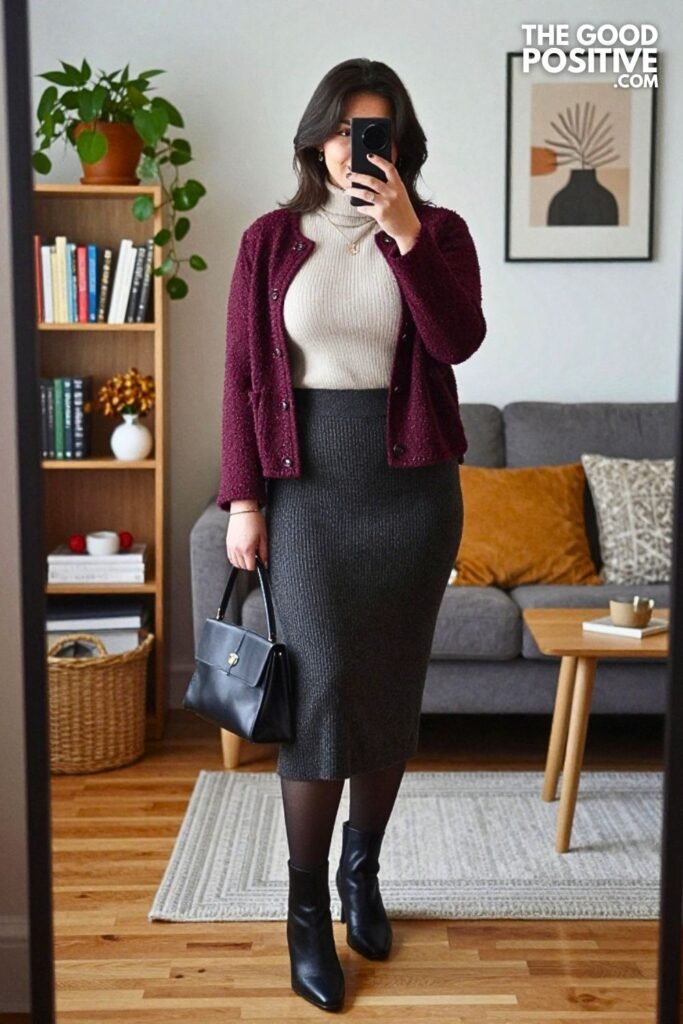 Deep Plum Bouclé Jacket with Knit Pencil Skirt and Square-Toe Boots
