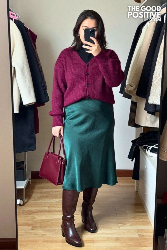 Deep Plum Cardigan with Forest Green Satin Midi Skirt