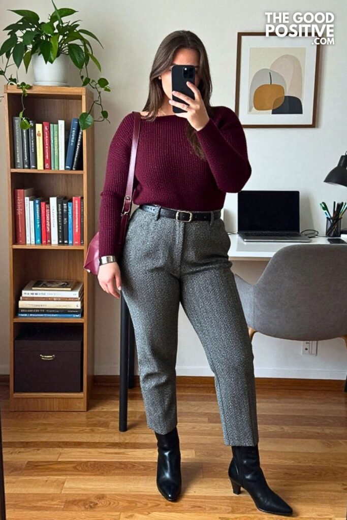 Deep Plum Funnel Neck Sweater with Herringbone Trousers and Kitten Heel Boots