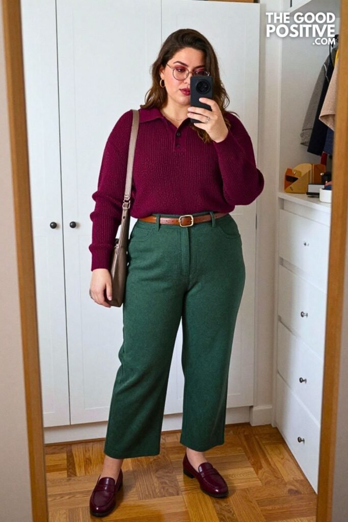 Deep Plum Knit Polo with Forest Green Barrel Trousers