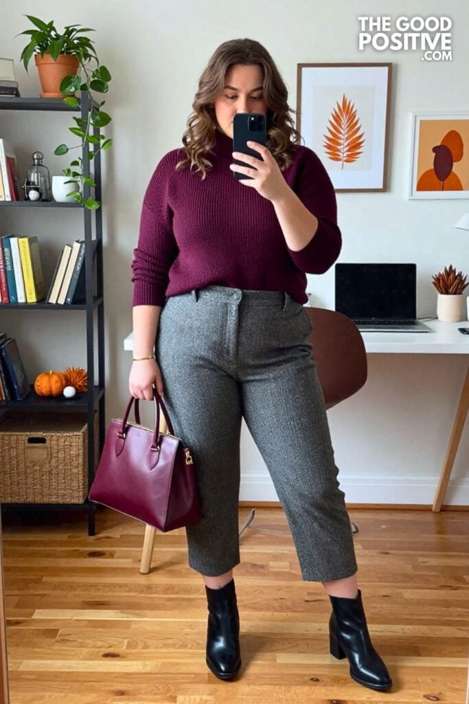 Deep Plum Mock Neck with Gray Herringbone Culottes