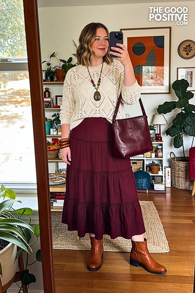 Deep Plum Tiered Maxi Skirt with Crochet Knit Sweater