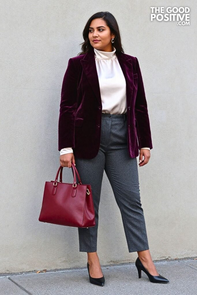 Deep Plum Velvet Blazer with Graphite Cigarette Trousers