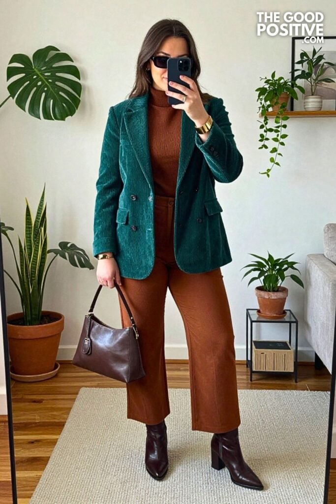 Deep Teal Corduroy Blazer with Cinnamon Wide-Leg Trousers