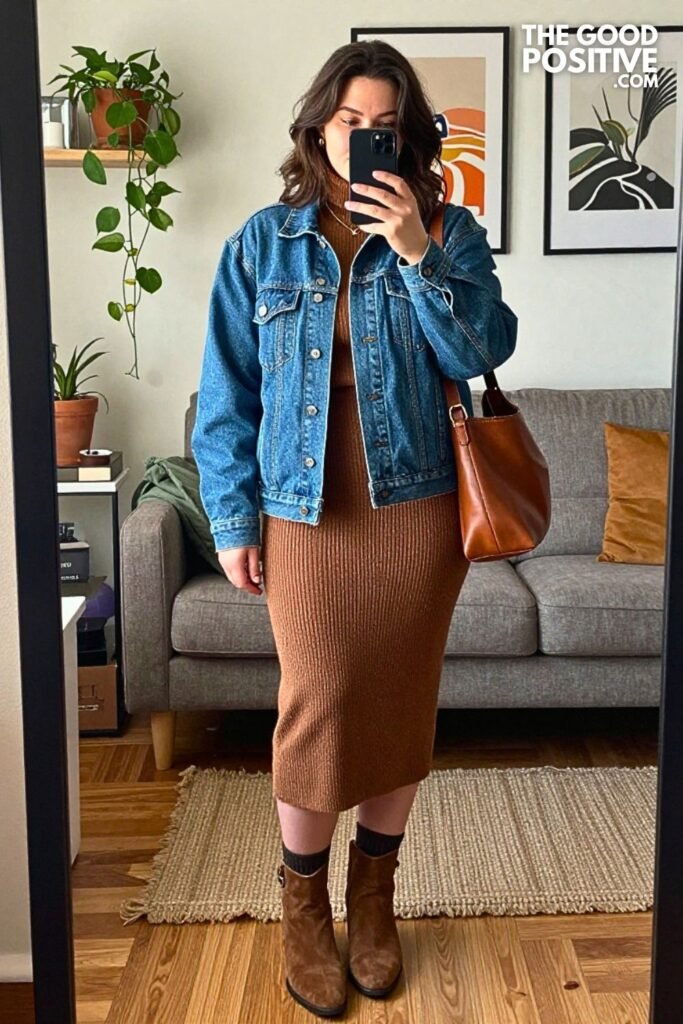 Denim Chore Jacket With Knit Pencil Skirt