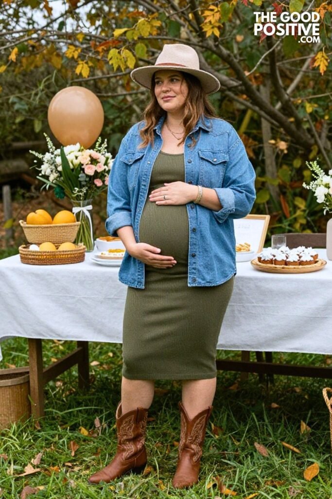 Denim Utility Shirt with Ribbed Pencil Skirt and Cowboy Boots