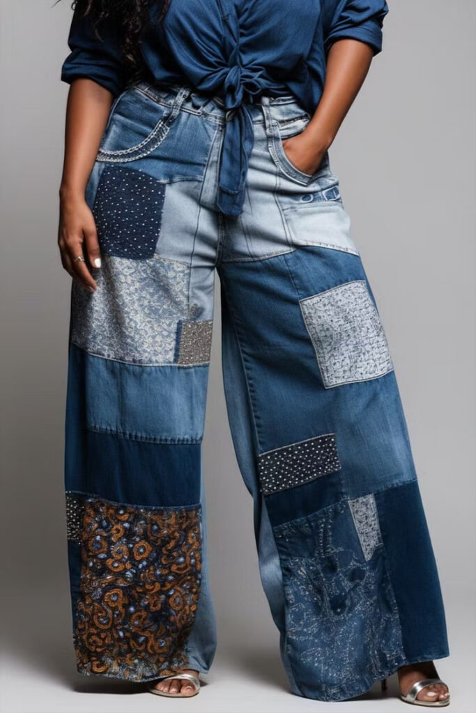 Design Plus Size Party Blue Colorblock Contrast Casual Pocket Denim Jeans