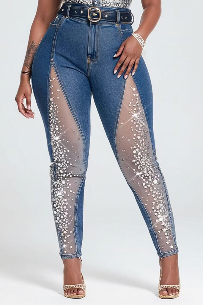 Design Plus Size Party Tulle Blue Drilling See Through Denim Jeans