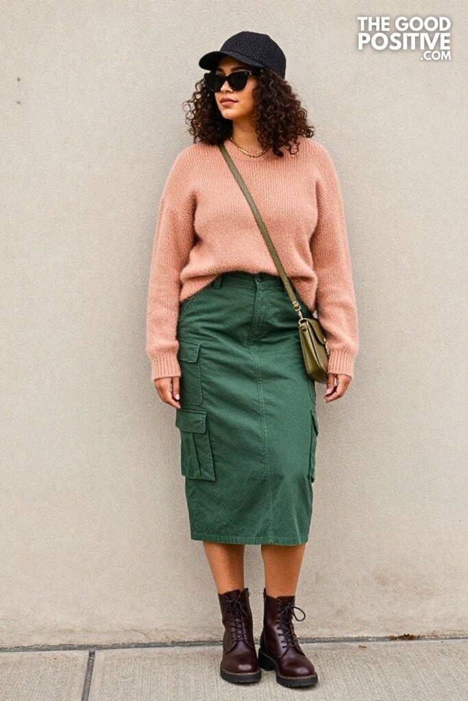 Dusty Apricot Mohair Sweater with Forest Green Cargo Skirt